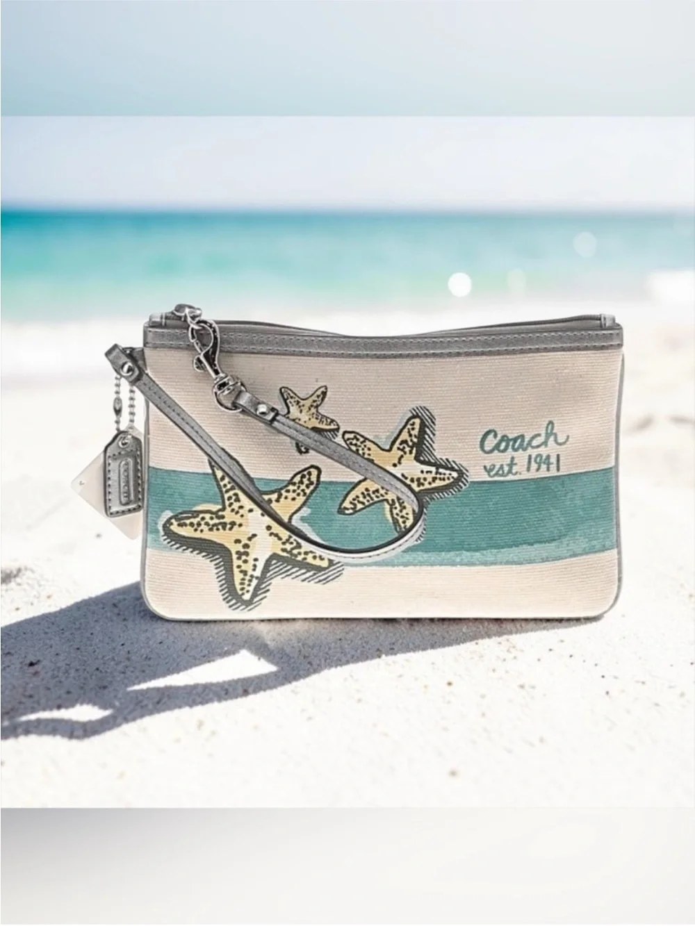 Coach Canvas Starfish Wristlet in Cream & Teal Stripe NWT